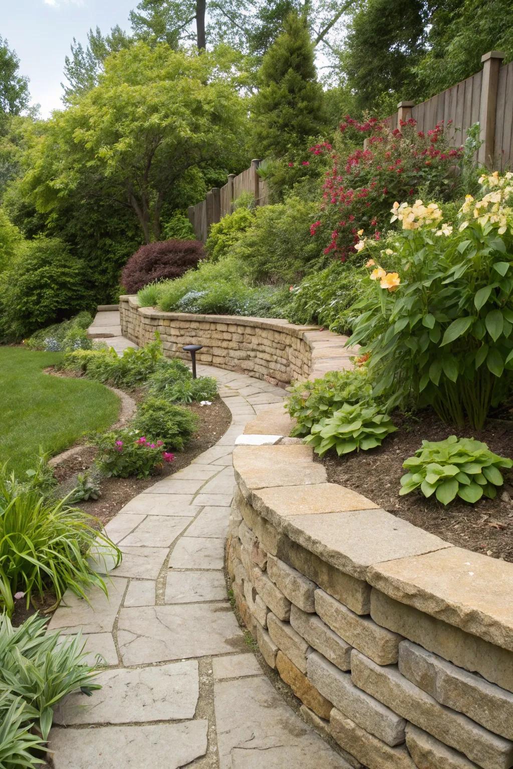 A curved stone wall that blends seamlessly into the garden landscape.
