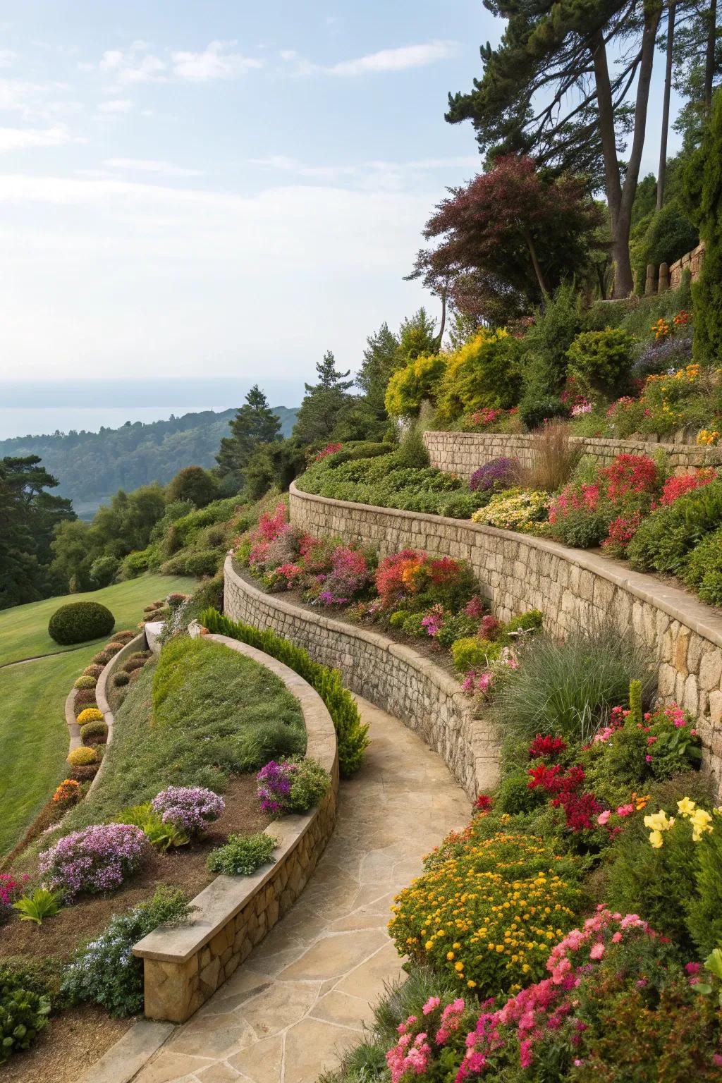 Terraced gardens create layers of beauty and functionality.