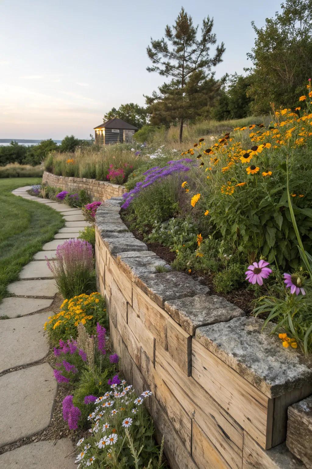 Rustic materials evoke warmth and a countryside charm in gardens.