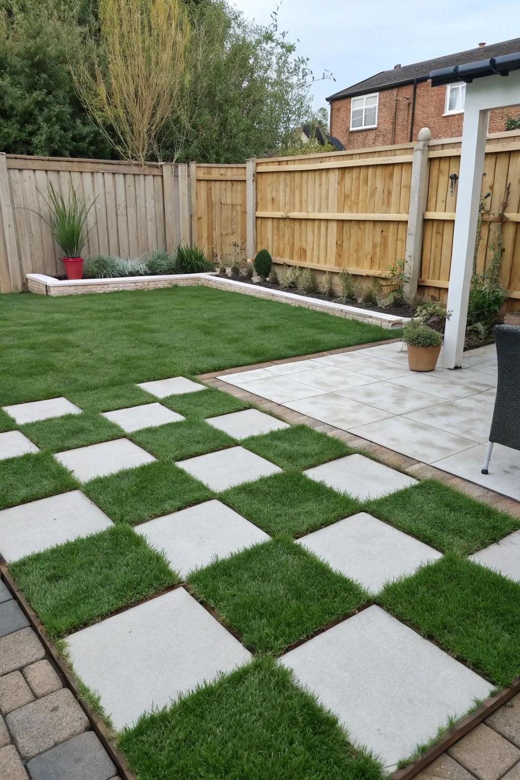 A checkerboard pattern of pavers and grass adds a modern touch to any backyard.