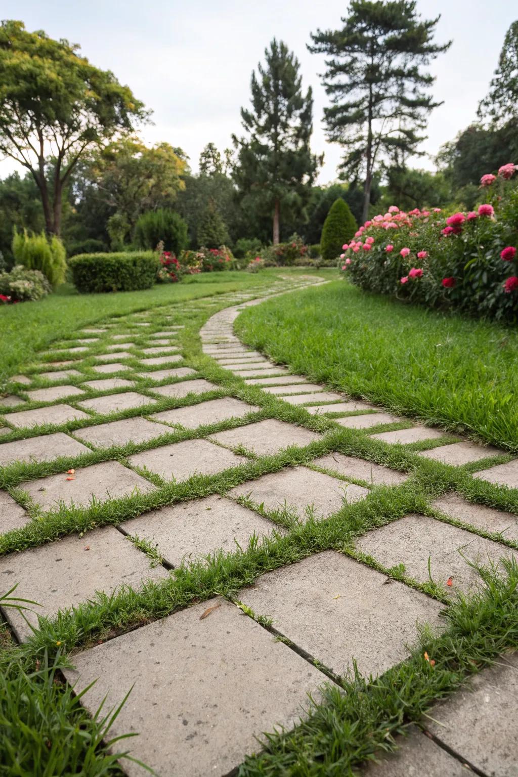 A paver pathway with grass in between creates a storybook feel in the garden.