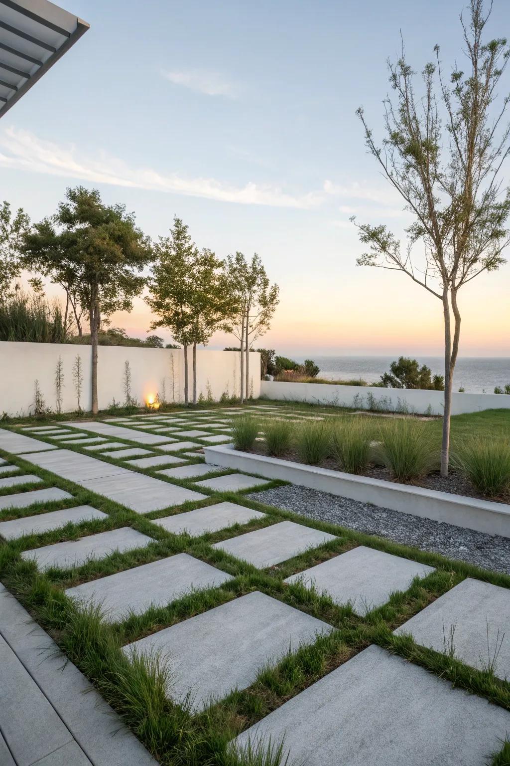 A minimalist garden with clean lines of pavers and simple grass patches offers a serene retreat.