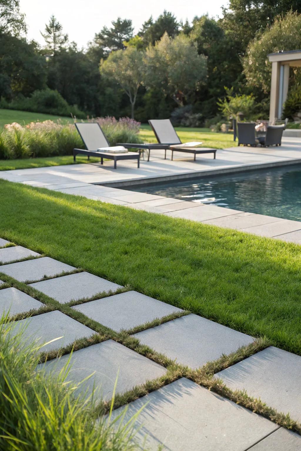 A poolside area with sleek pavers and vibrant grass creates a luxurious oasis.