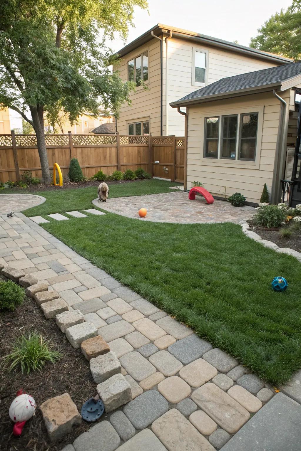 A pet-friendly backyard with pavers and grass provides a playful space for furry friends.