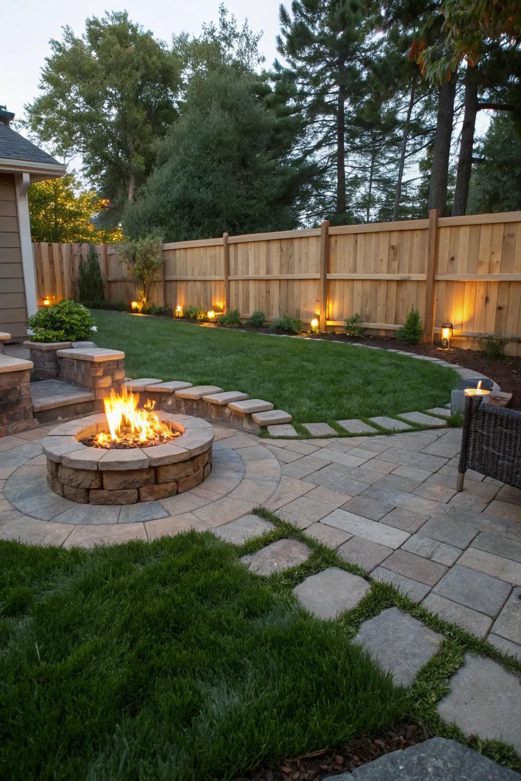 A fire pit area surrounded by pavers and grass creates a cozy outdoor retreat.