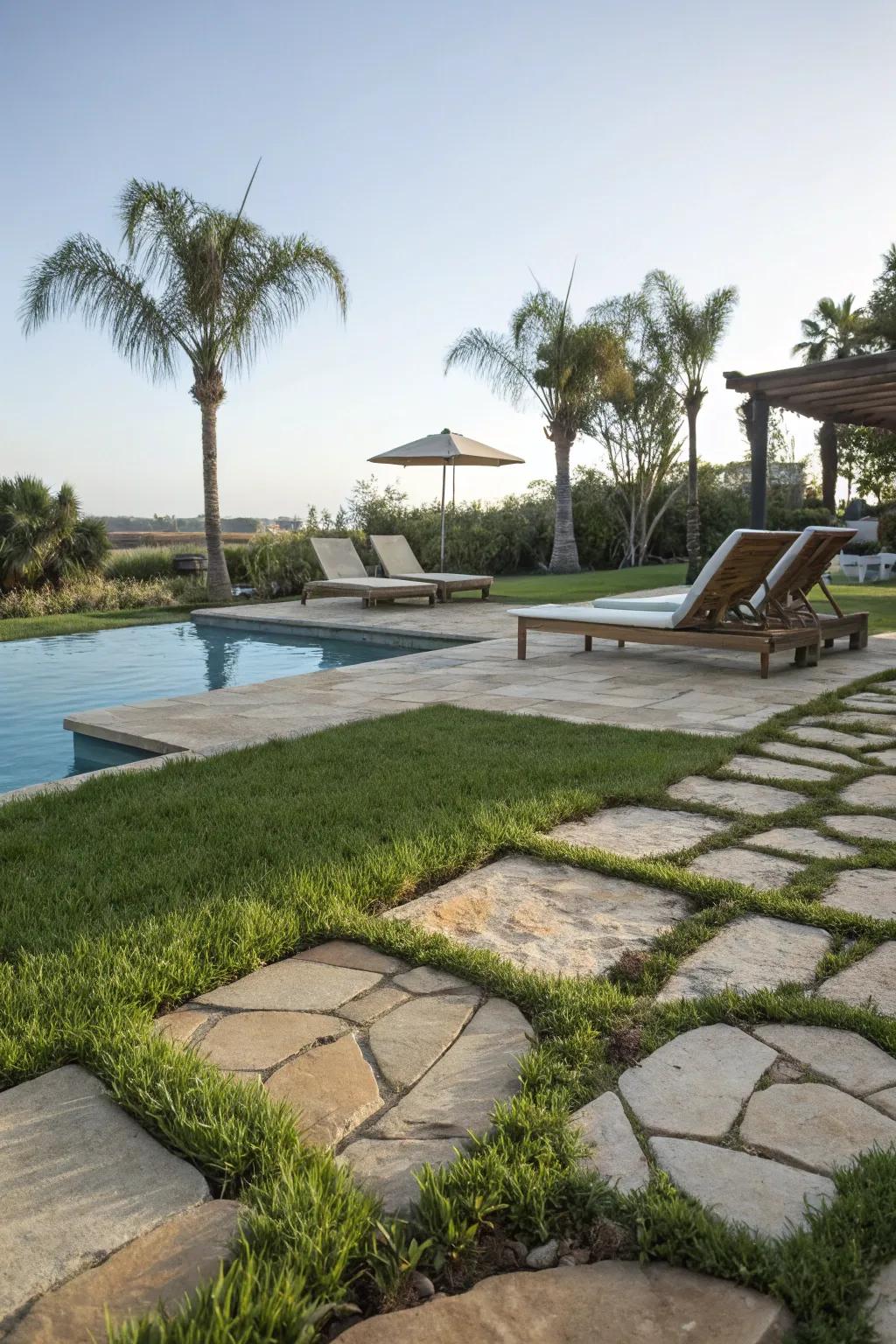 A poolside retreat with natural stone pavers and grass offers a serene escape.