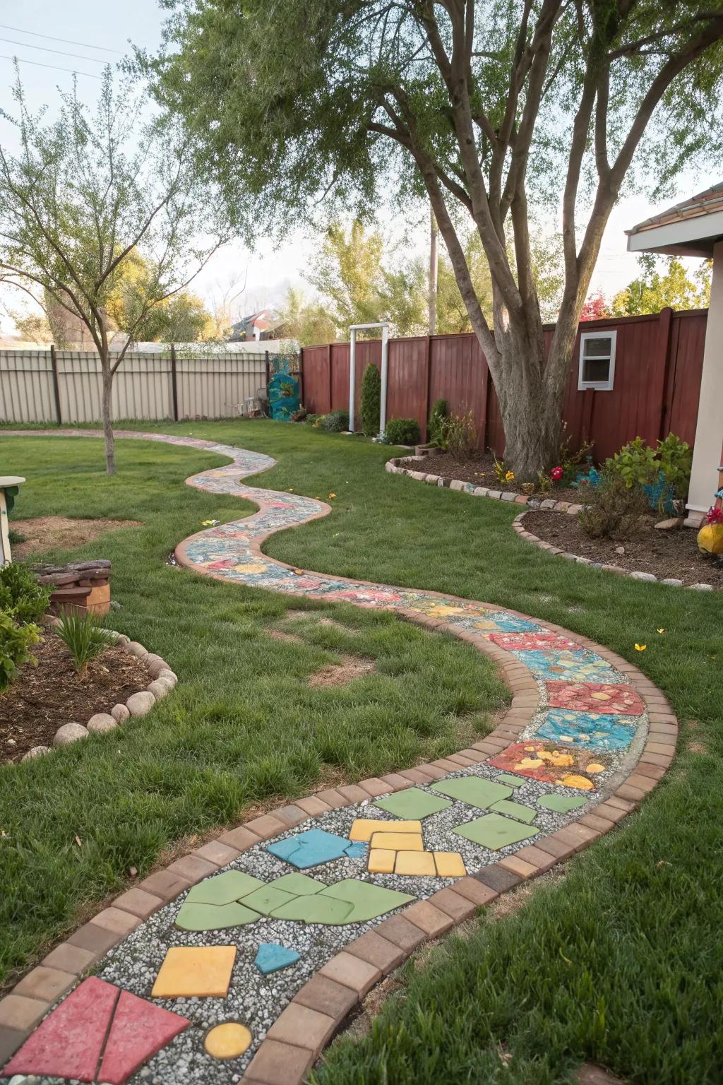 Whimsical mosaic paths with colorful pavers and grass add a playful touch.