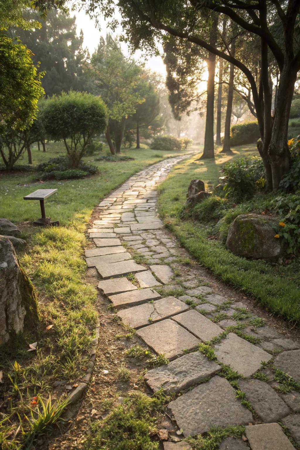 A rustic garden path with irregular pavers and grass creates a natural, organic look.