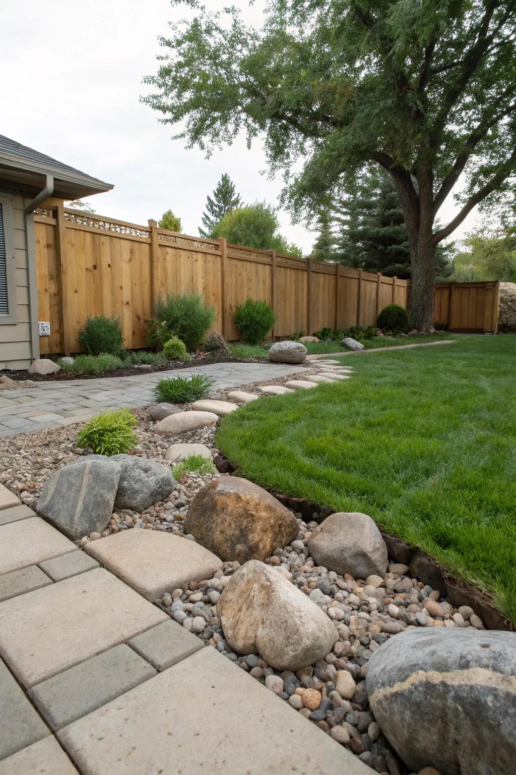 A backyard with rocks, pavers, and grass offers textural variety and visual interest.