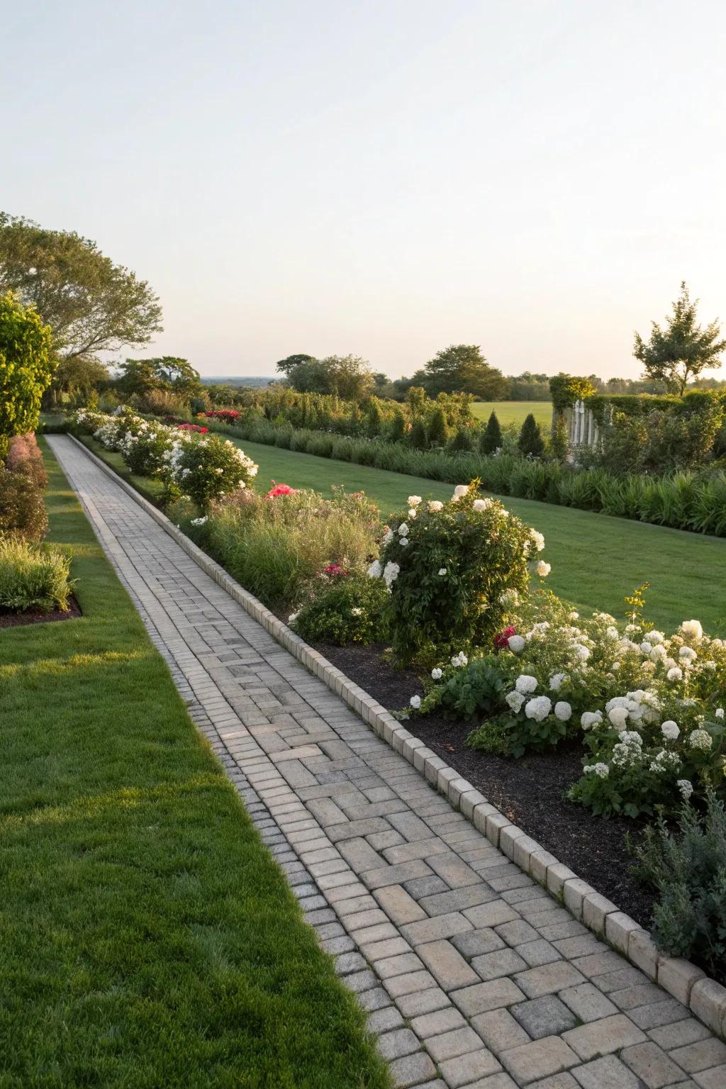 Crisp paver borders around the lawn create a polished garden look.