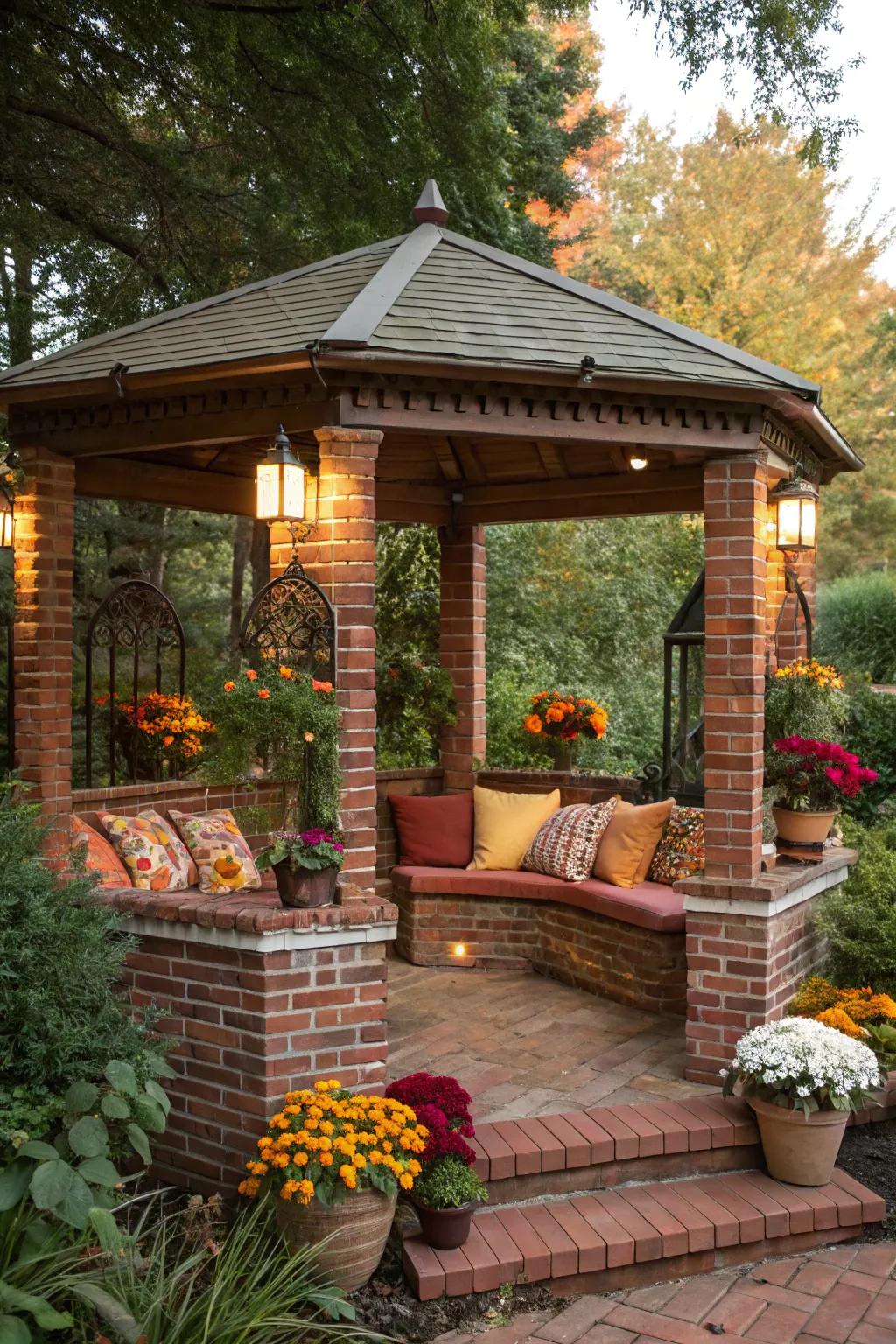 Seasonal decor adds a festive touch to this adaptable brick gazebo.