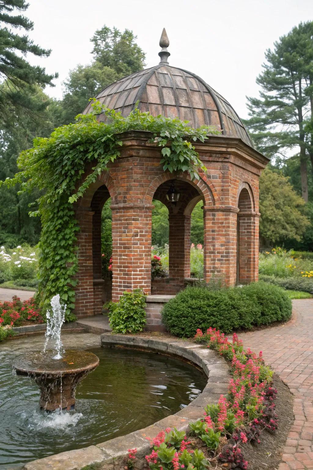 A soothing water feature adds tranquility to this peaceful brick gazebo.