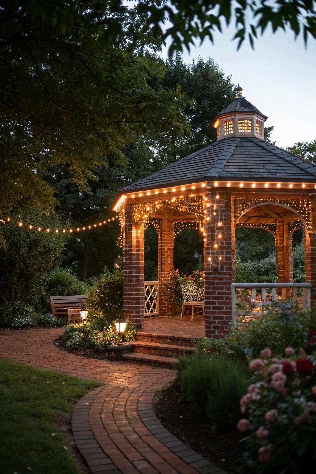Ambient lighting adds a magical touch to this brick gazebo.