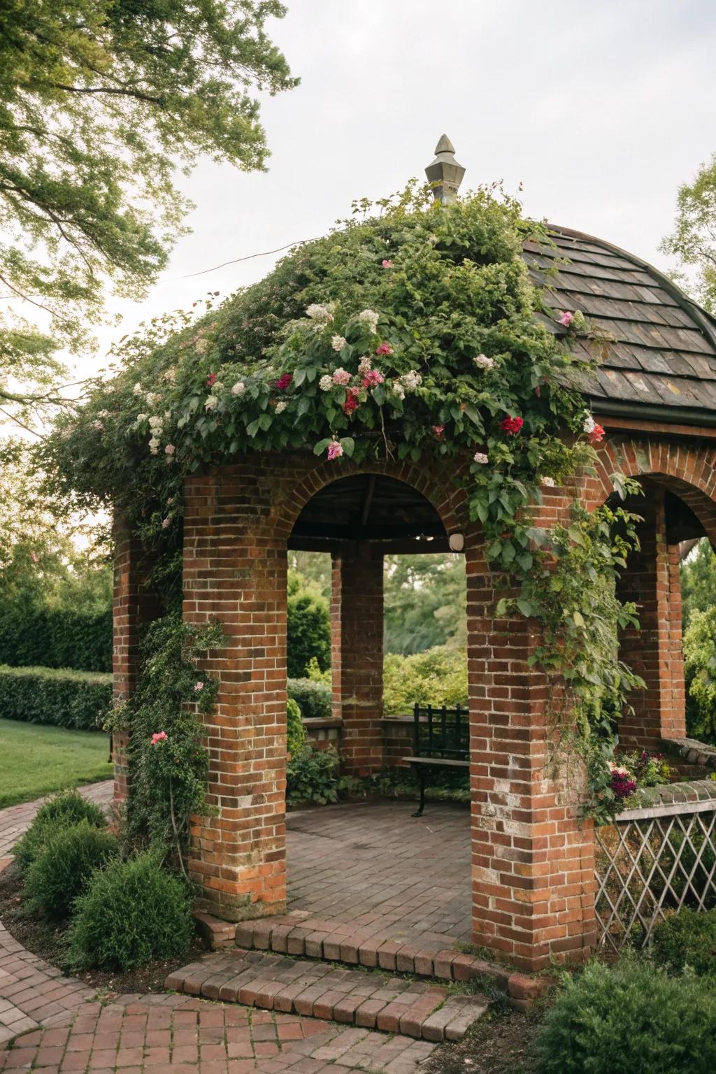 A trellis with climbing plants enhances this gazebo's natural charm.