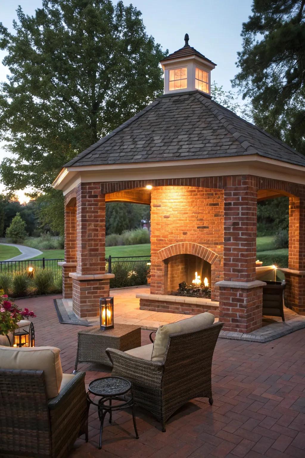 A brick fireplace transforms this gazebo into a warm and inviting retreat.