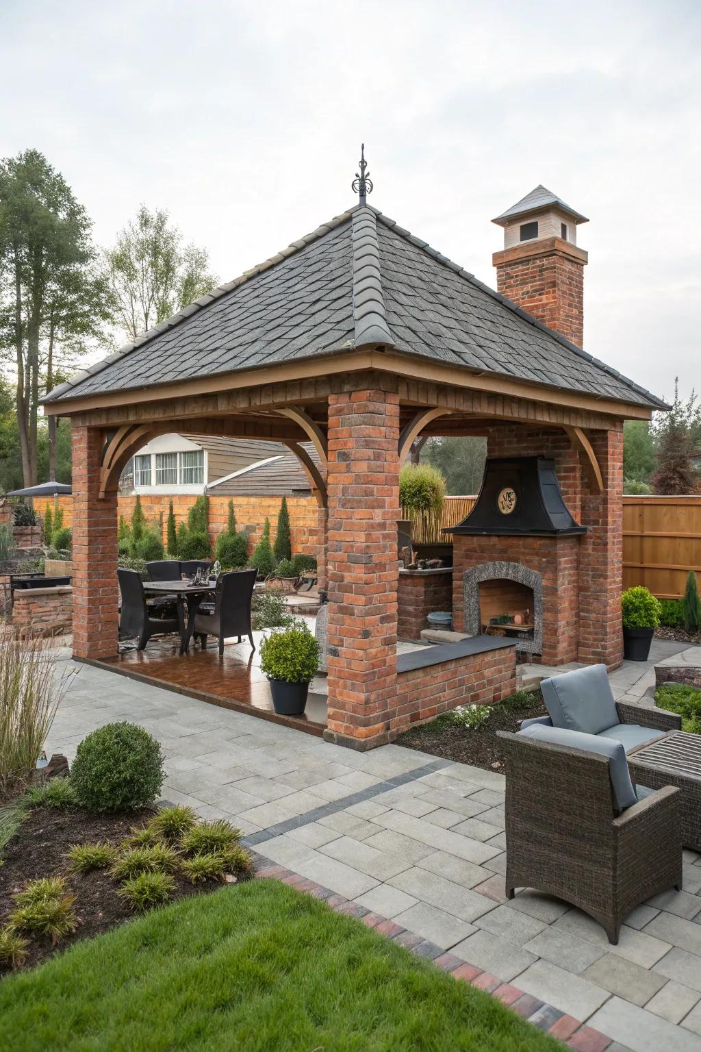 An elegant shingled roof complements this brick gazebo's timeless appeal.
