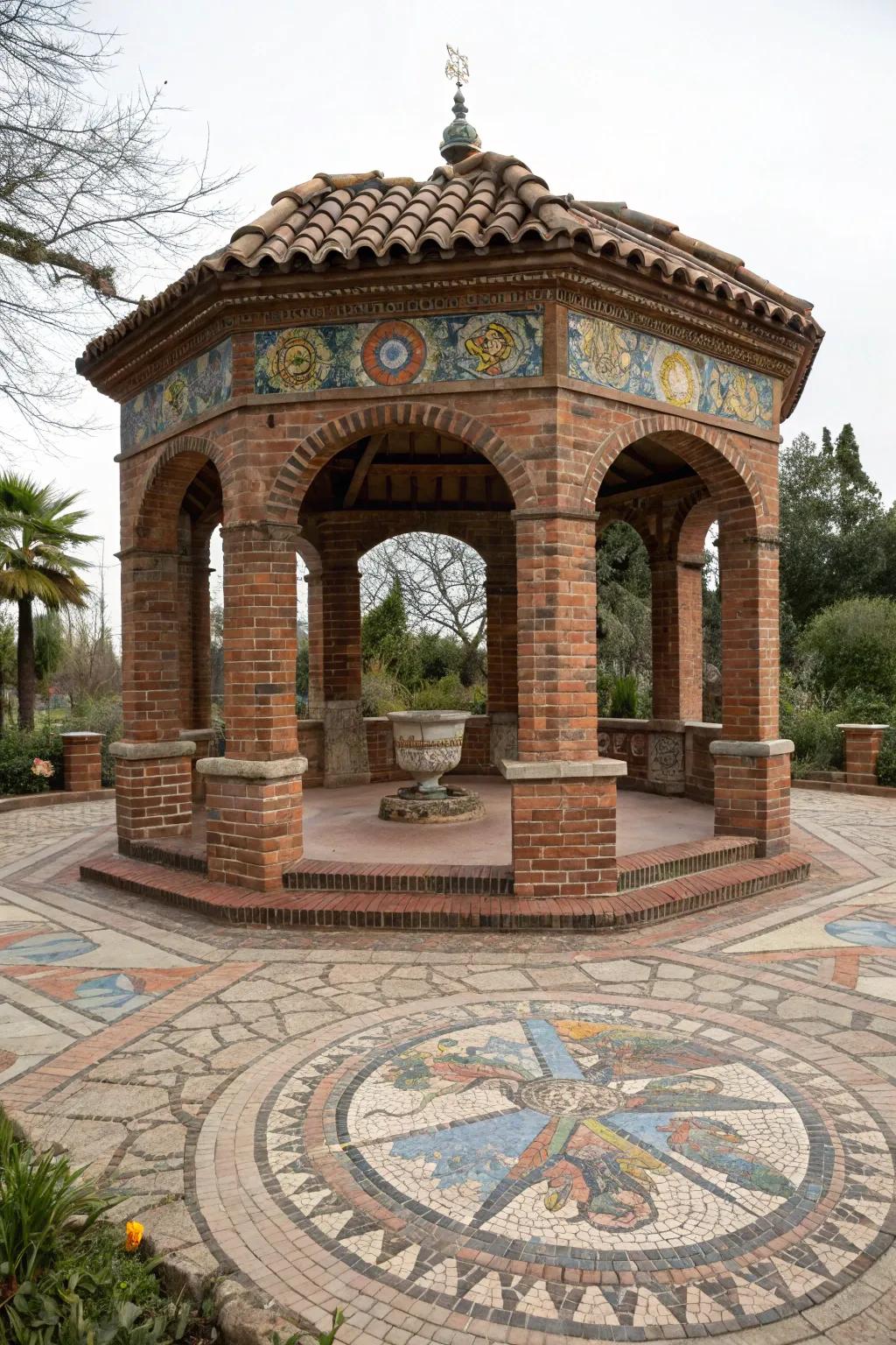 Artistic flourishes make this brick gazebo uniquely vibrant.