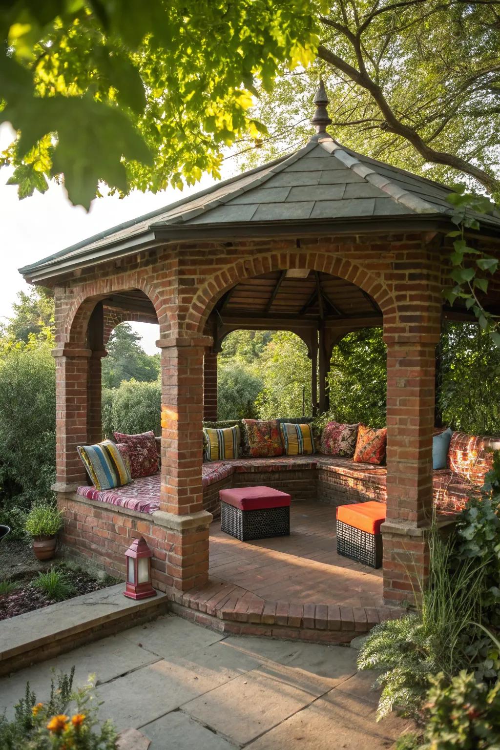 A cozy seating nook in this brick gazebo invites relaxation and conversation.