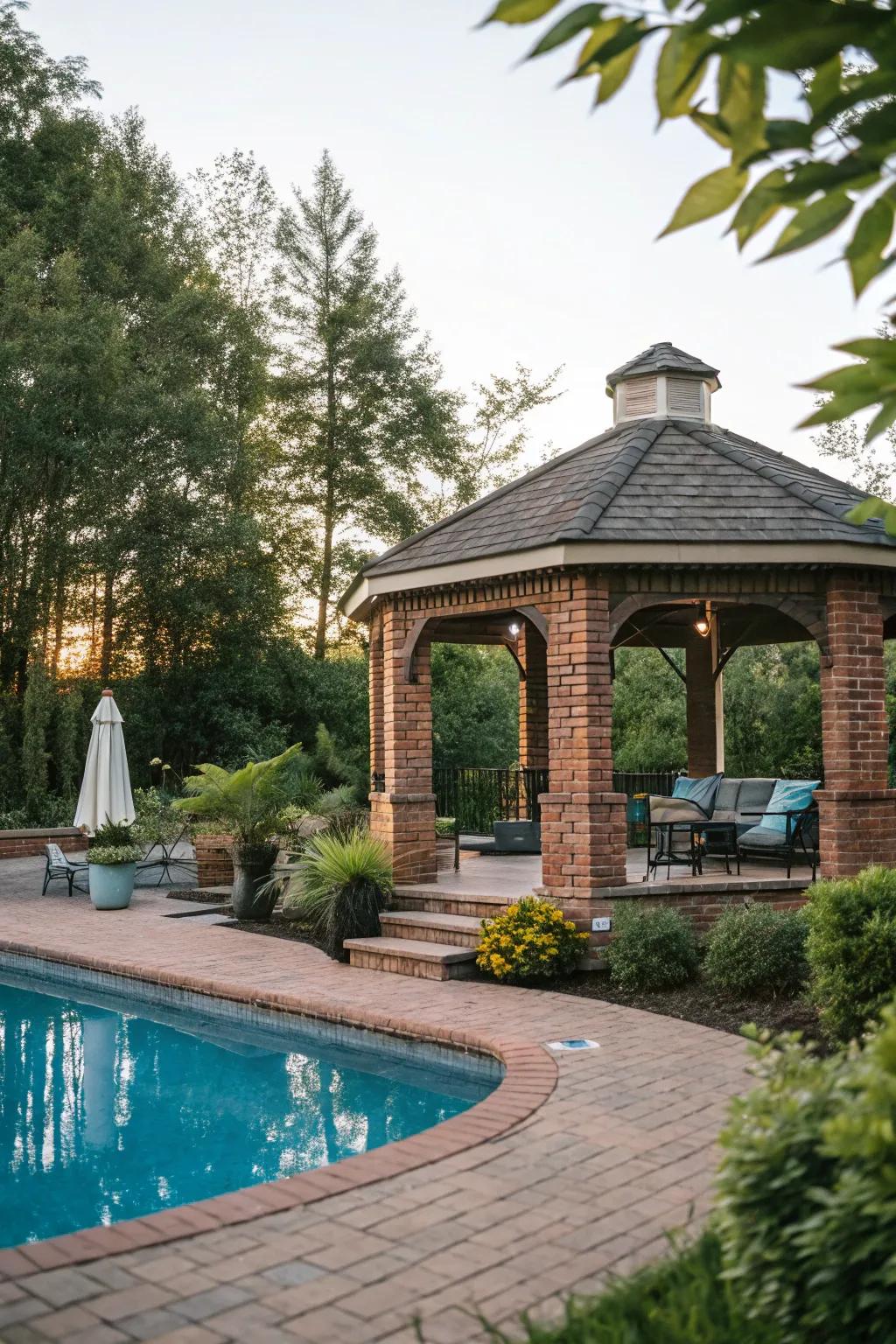 This poolside gazebo offers a serene retreat from the summer sun.