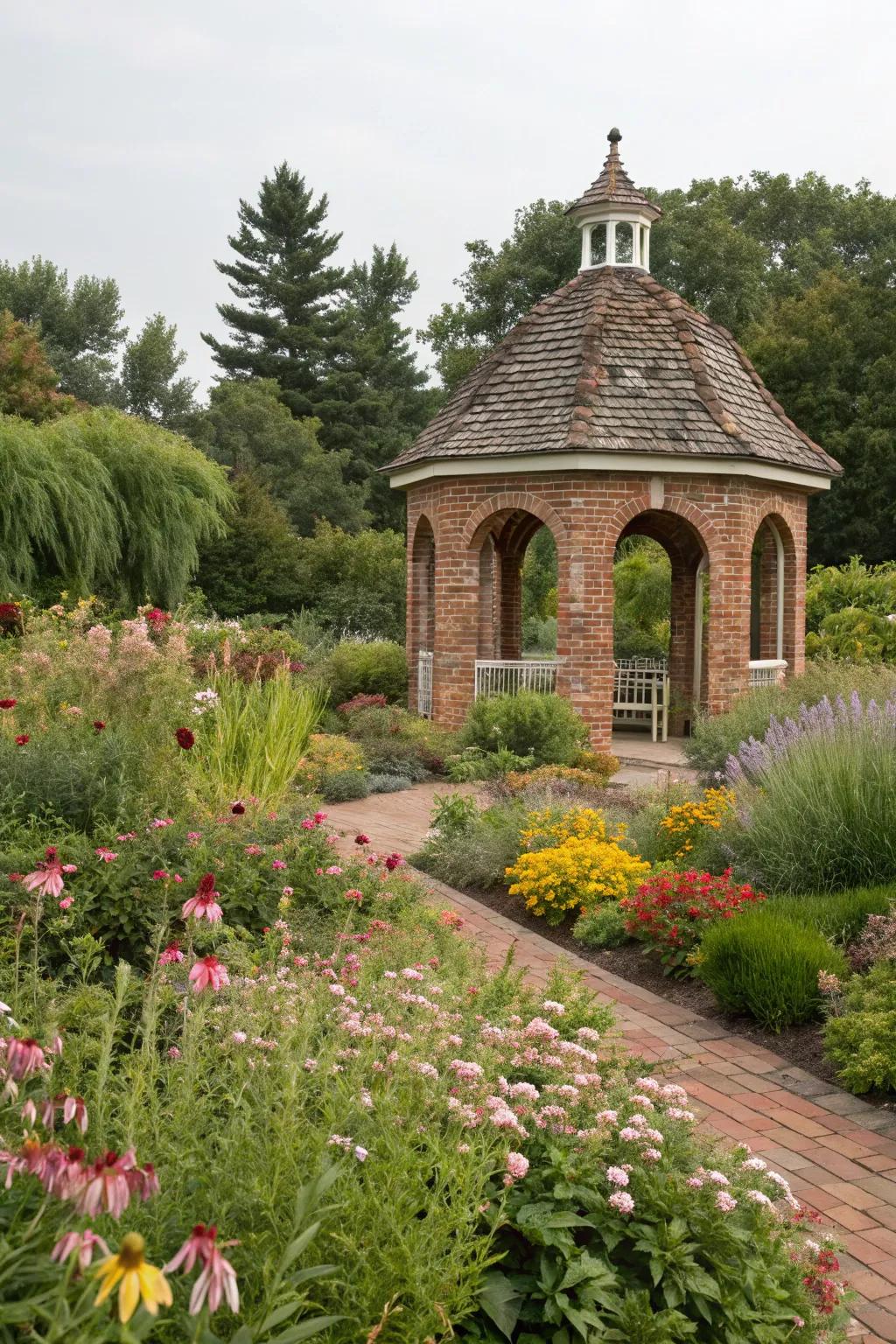 A garden oasis with a brick gazebo, offering tranquility and natural beauty.