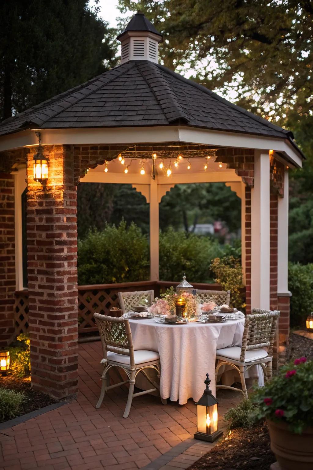 A perfect setting for alfresco dining within this charming brick gazebo.