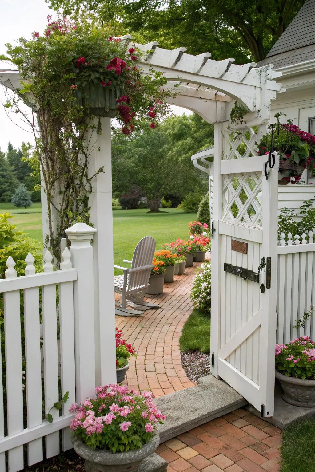 A classic white picket gate brings timeless charm to your porch.