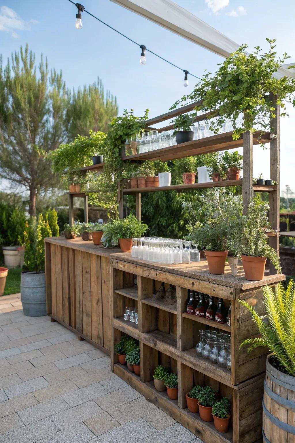 Rustic charm meets functionality with reclaimed wood shelving.