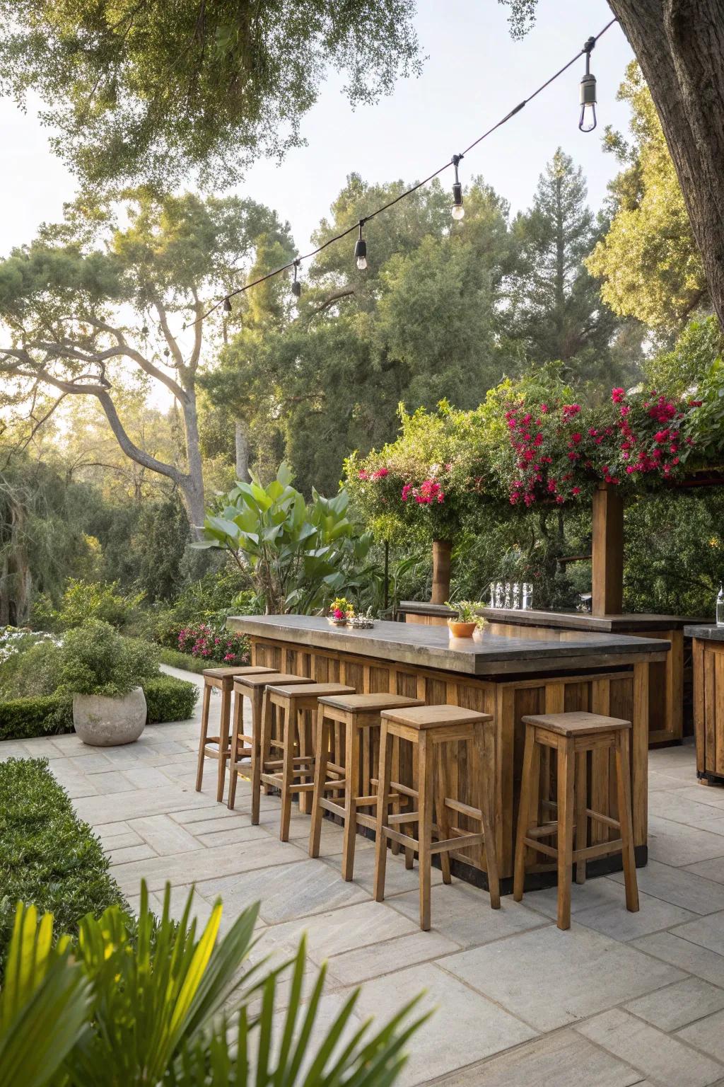 Natural wood bar stools add rustic charm and comfort.