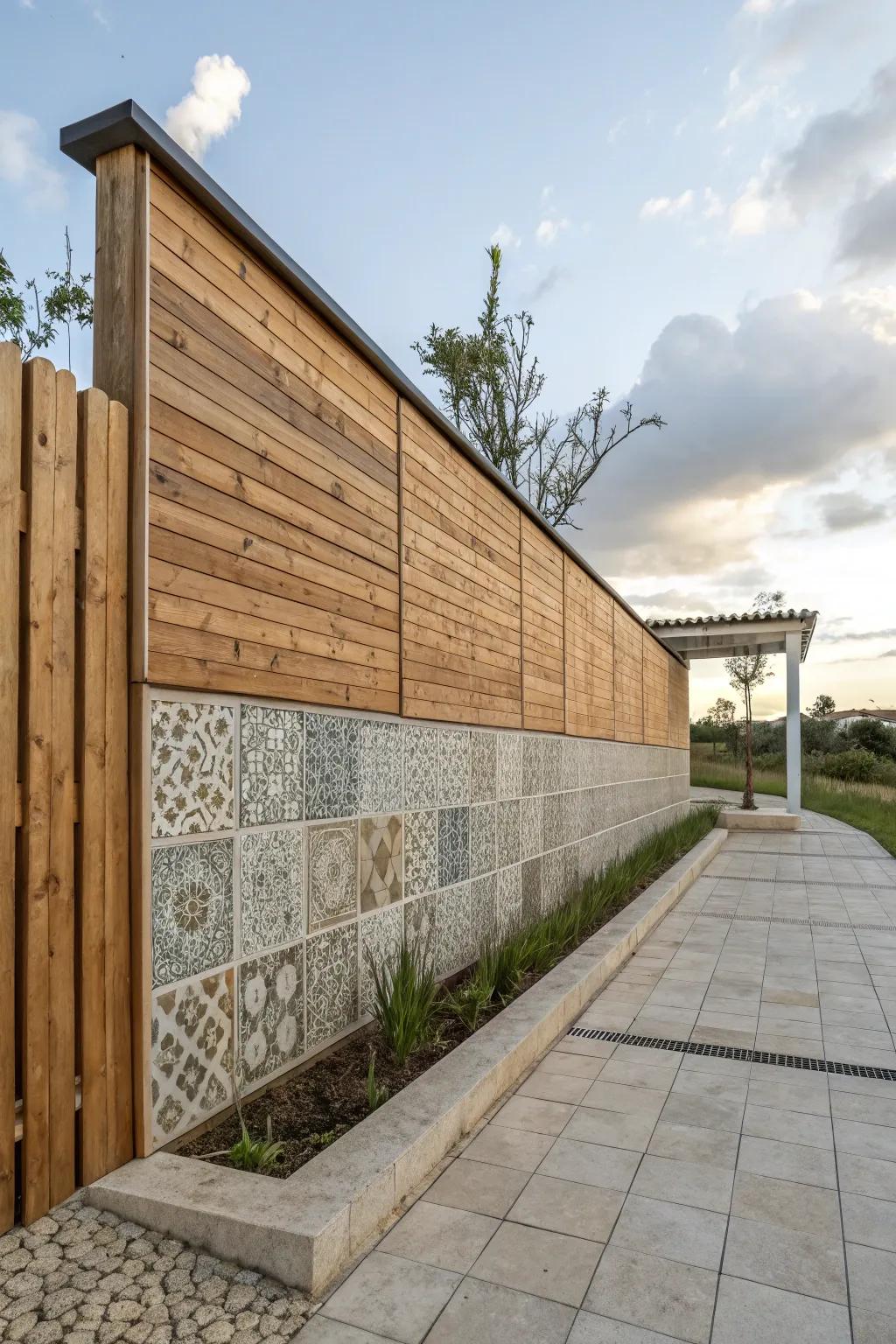 Mixing materials adds depth and interest to outdoor walls.