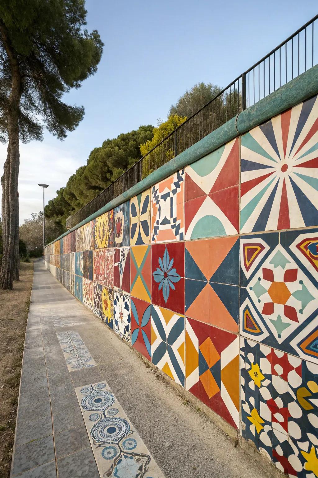 Geometric tiles bring modern art vibes to outdoor walls.