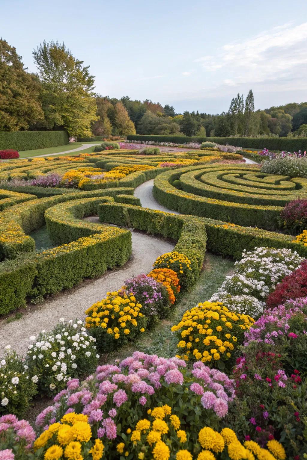 A chrysanthemum maze adds a playful and interactive element to the garden.