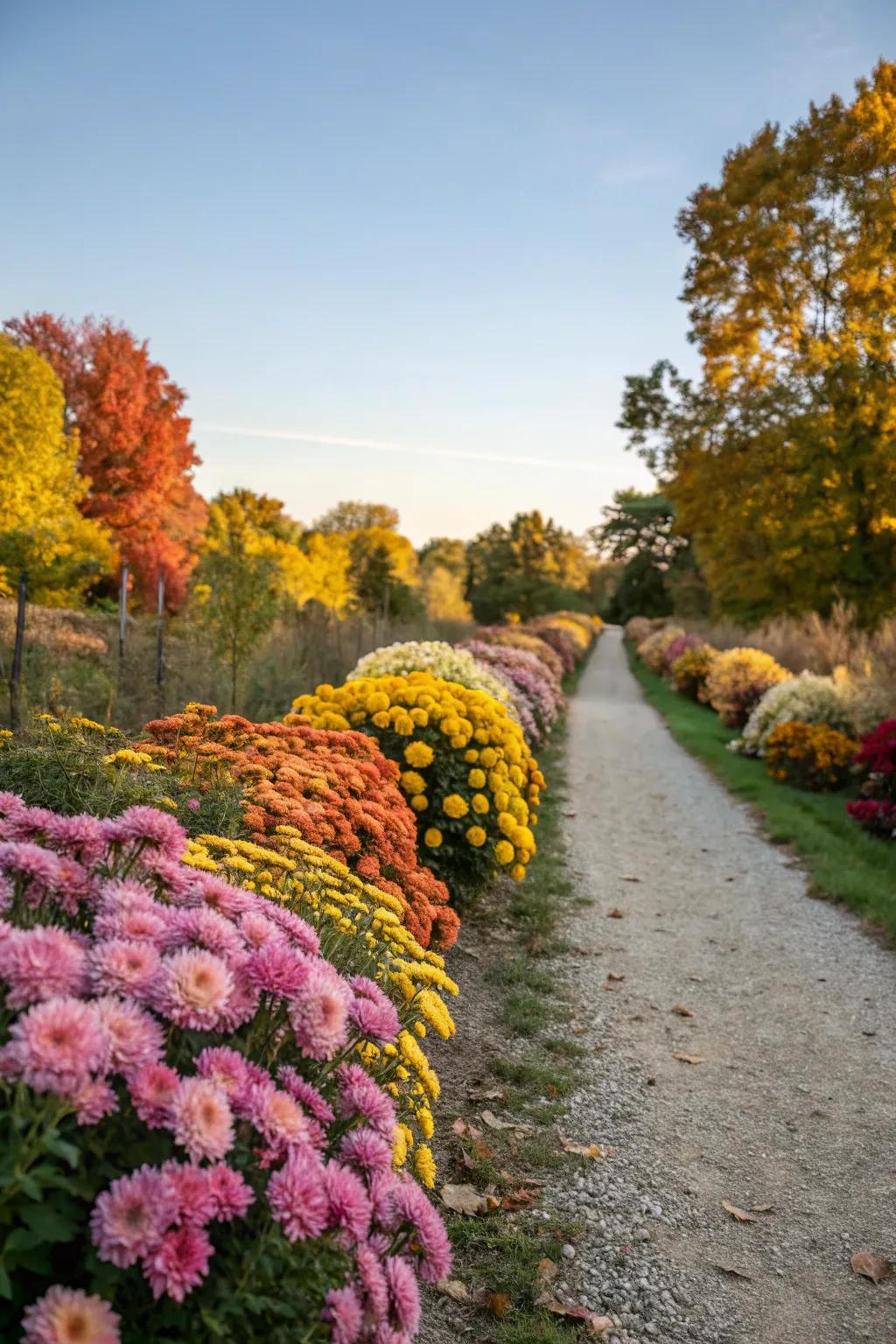 A garden path bordered with a vibrant mix of colorful chrysanthemums.
