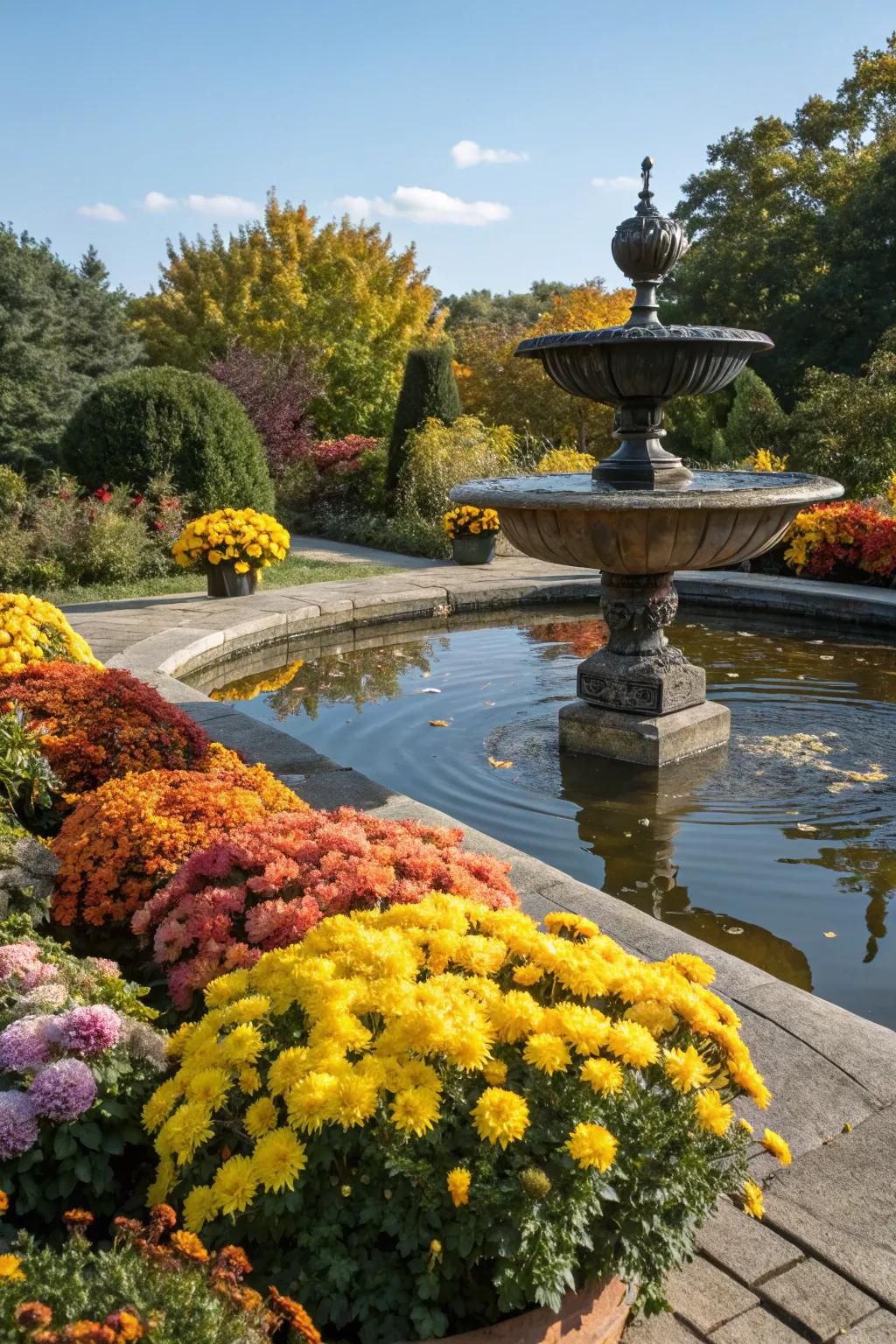 A serene water feature bordered with chrysanthemums creates a peaceful garden retreat.
