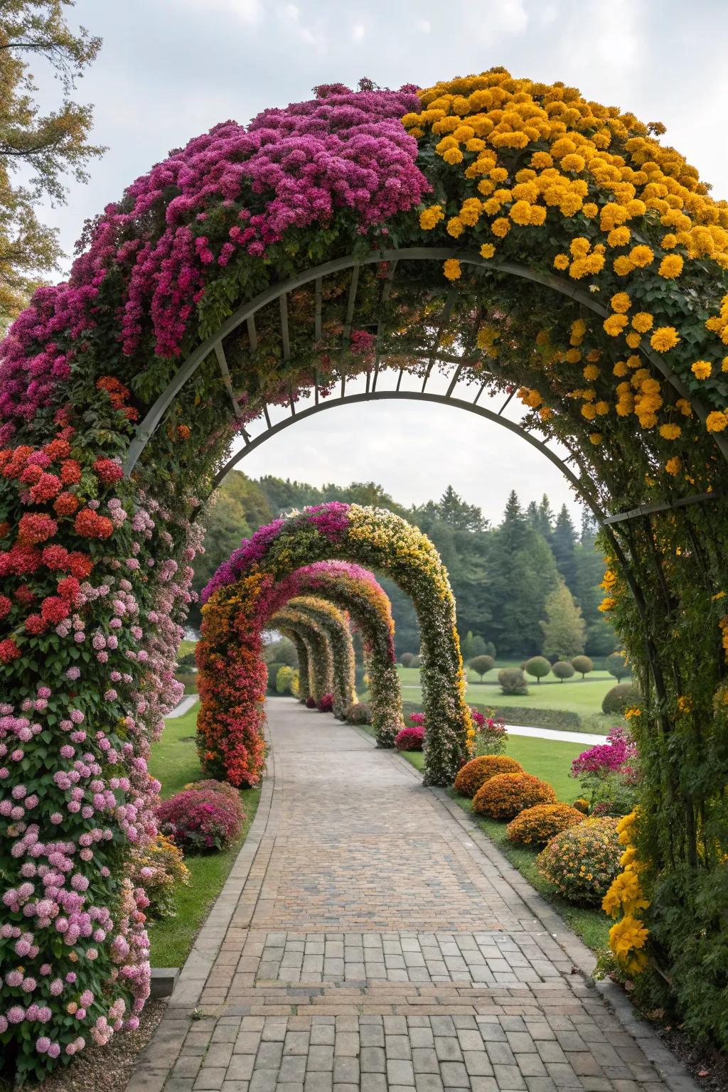 A chrysanthemum archway offers a colorful and inviting garden entrance.