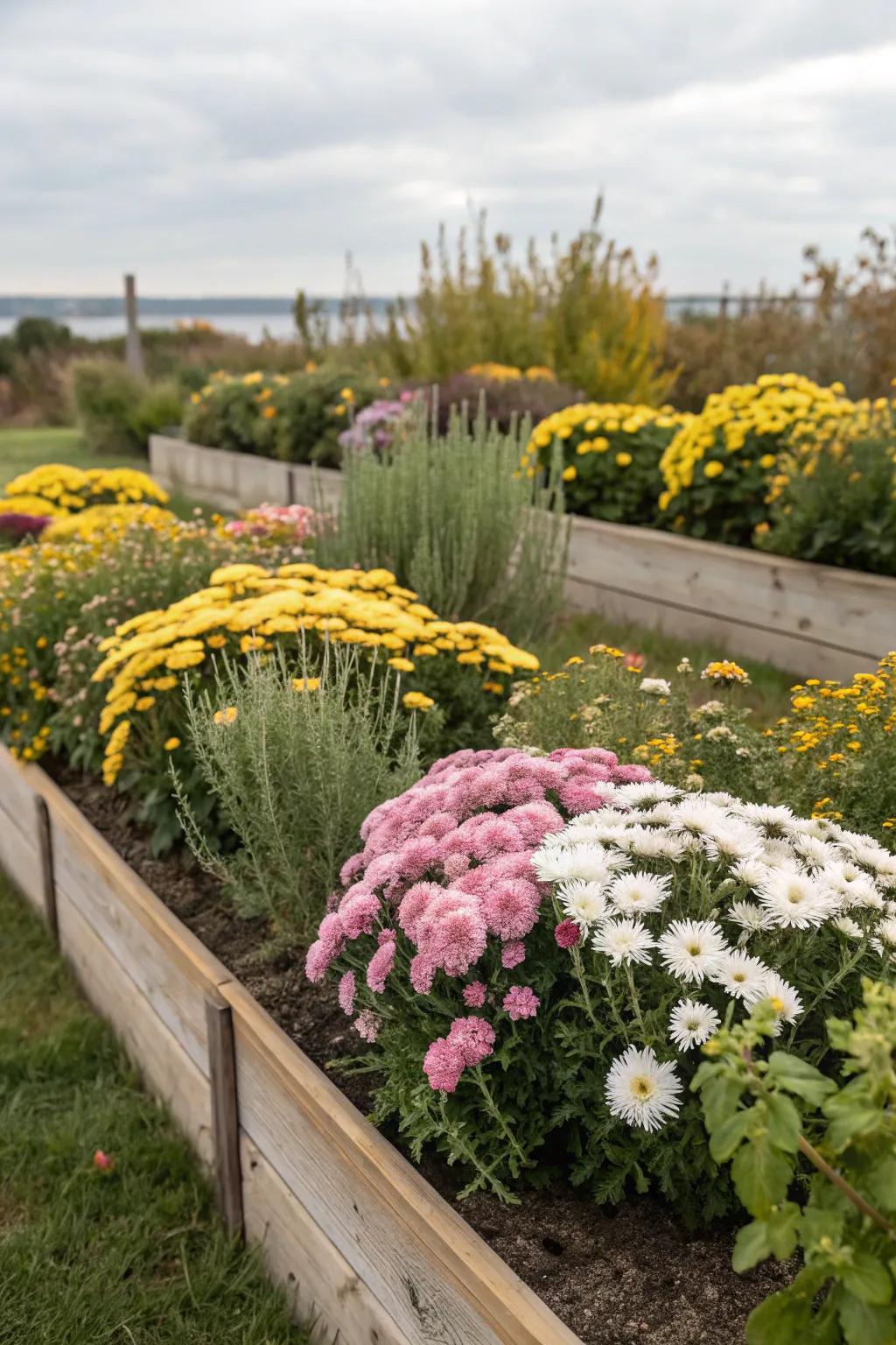 A blend of chrysanthemums and herbs creates a fragrant and colorful garden.