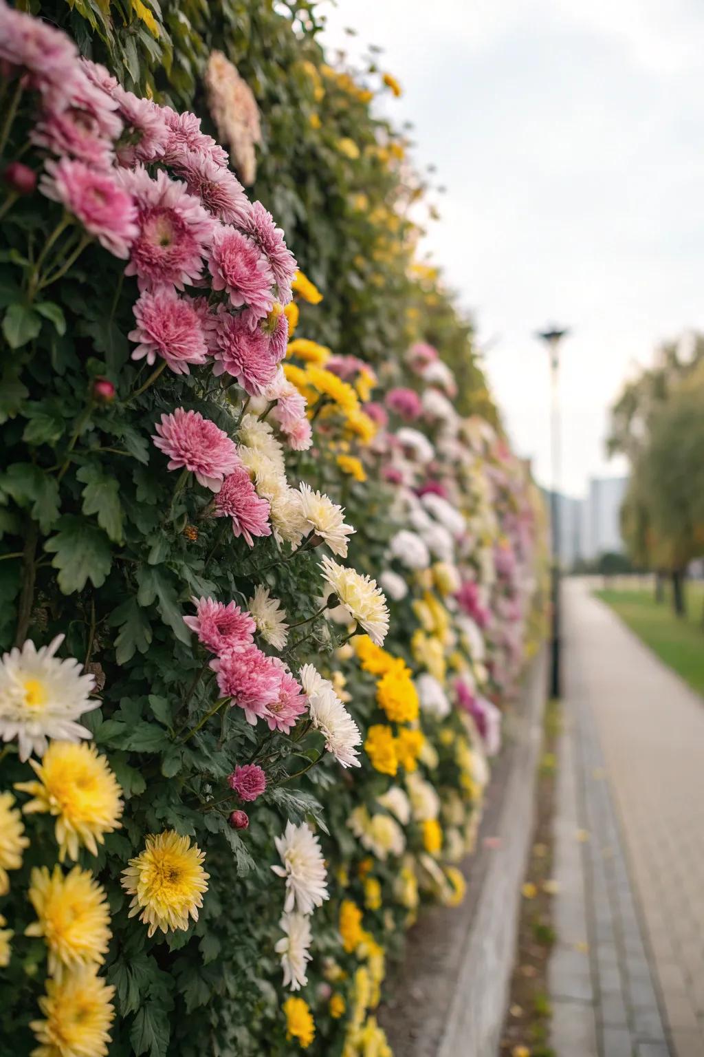 A living wall of chrysanthemums provides a stunning vertical garden display.
