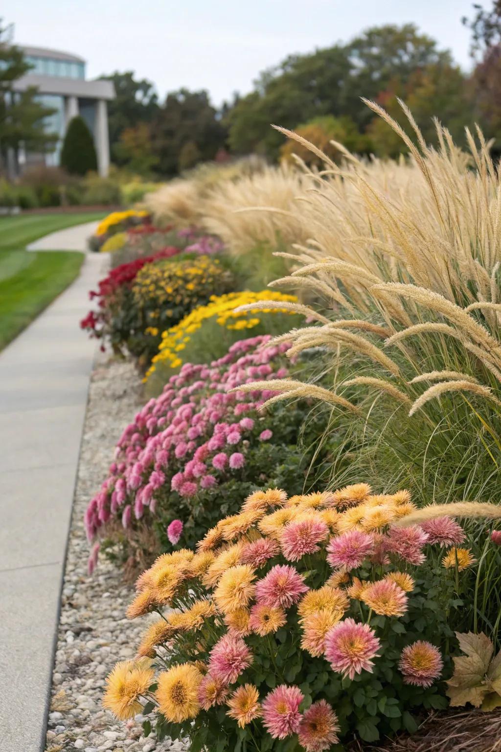 Chrysanthemums paired with ornamental grasses create a dynamic garden display.