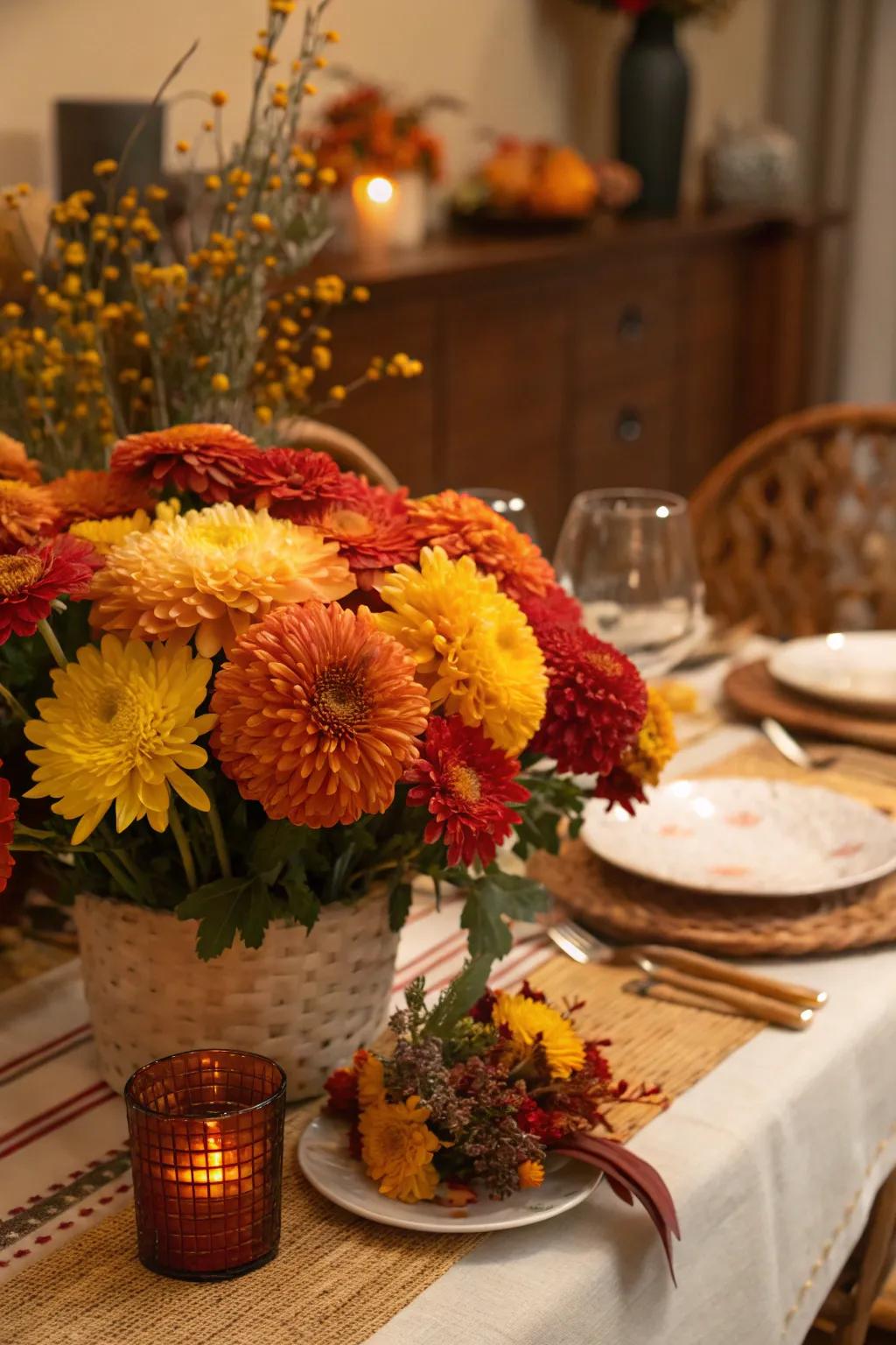 Chrysanthemum centerpieces bring seasonal charm to any dining table.
