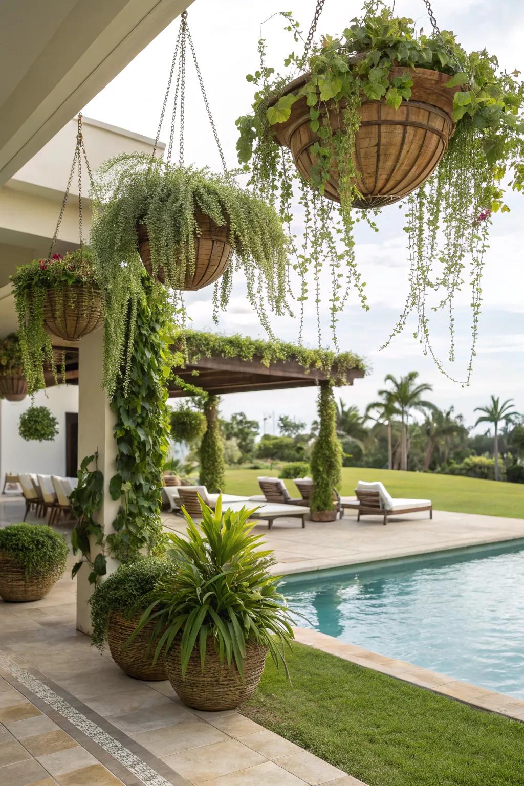 Create a lush effect with cascading hanging planters.