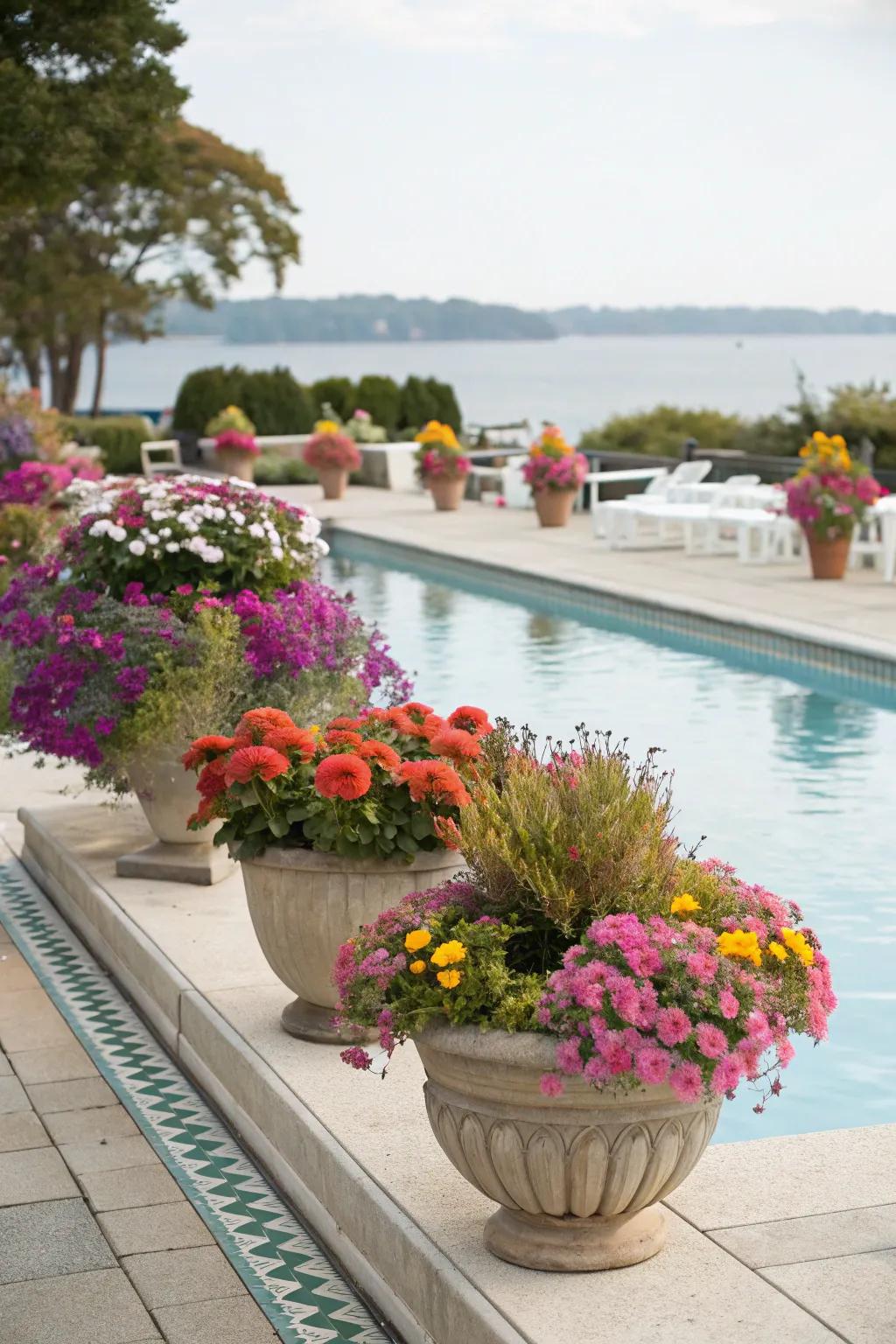 Brighten up your poolside with a splash of colorful blooms.