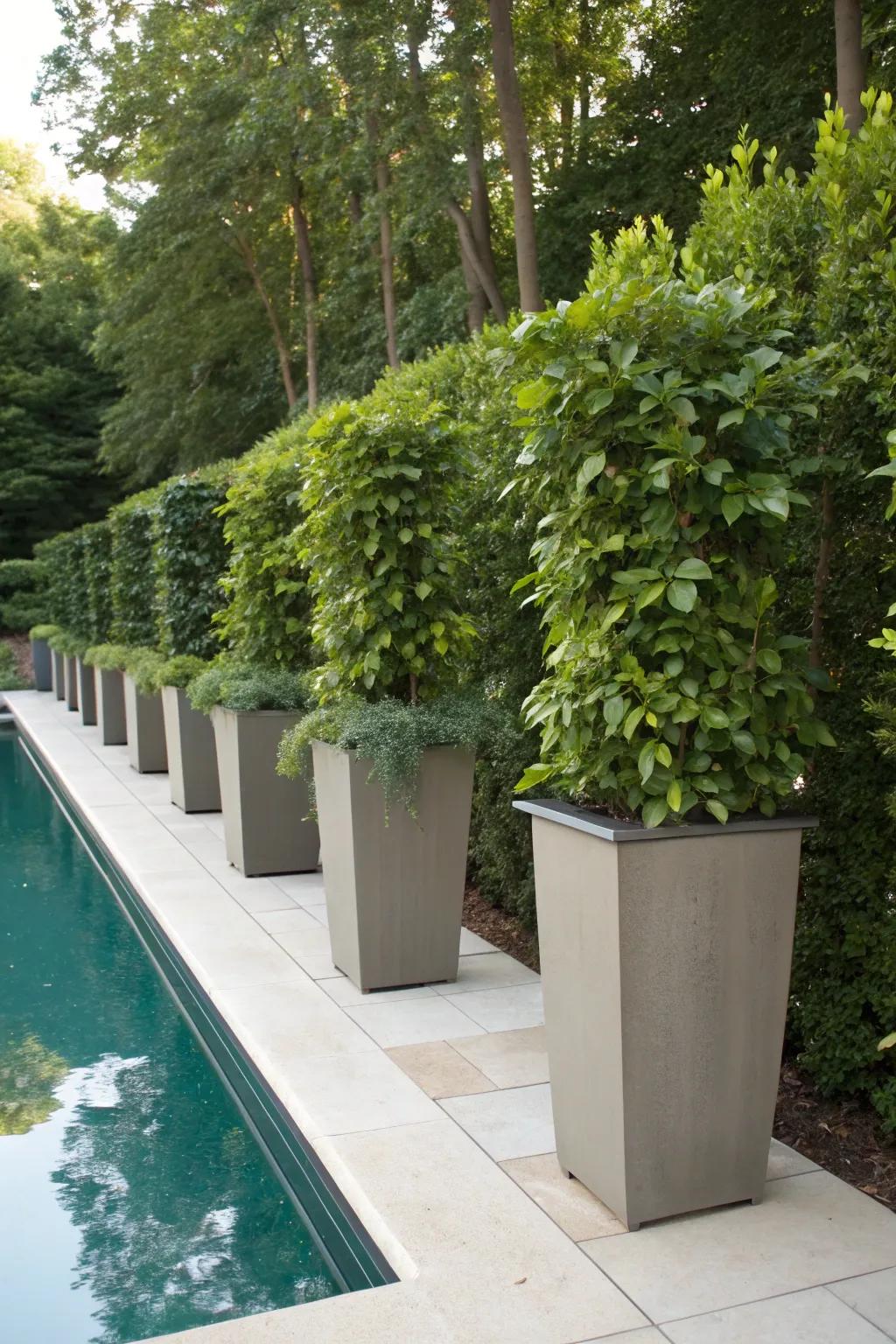 Tall planters provide a natural privacy screen for your poolside.