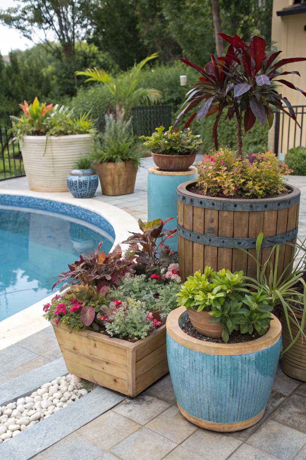 Create visual interest by mixing various planter styles.