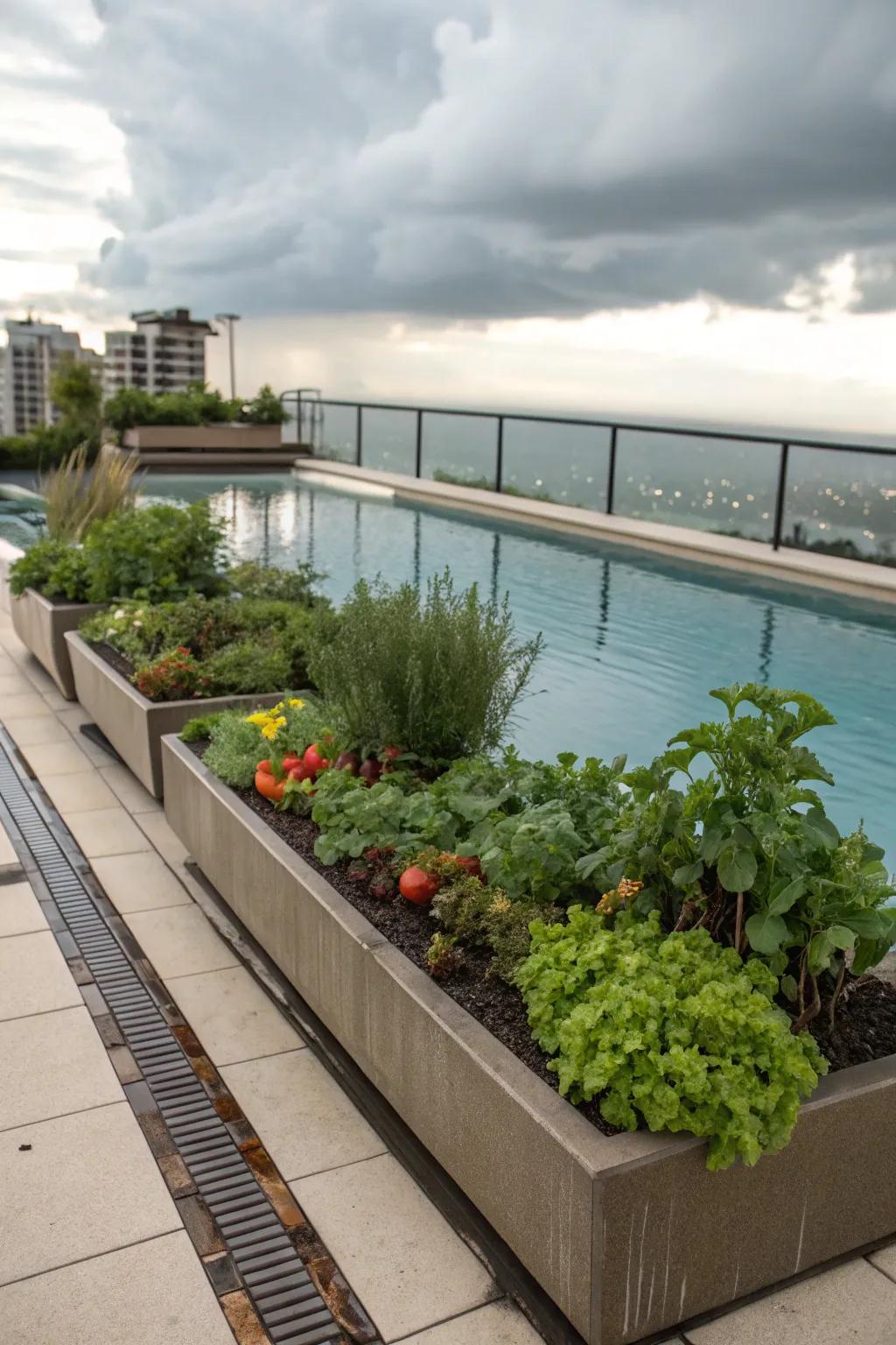 Combine beauty and utility with edible plantings by the pool.