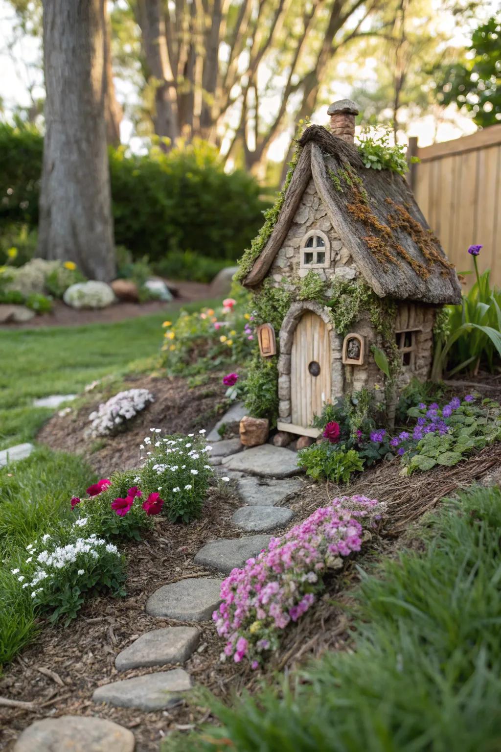 A tiny fairy house brings enchantment to the garden.