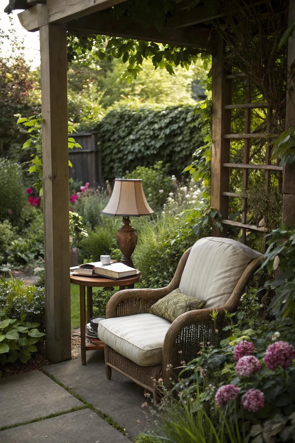 A secret nook offers a peaceful reading retreat in the garden.