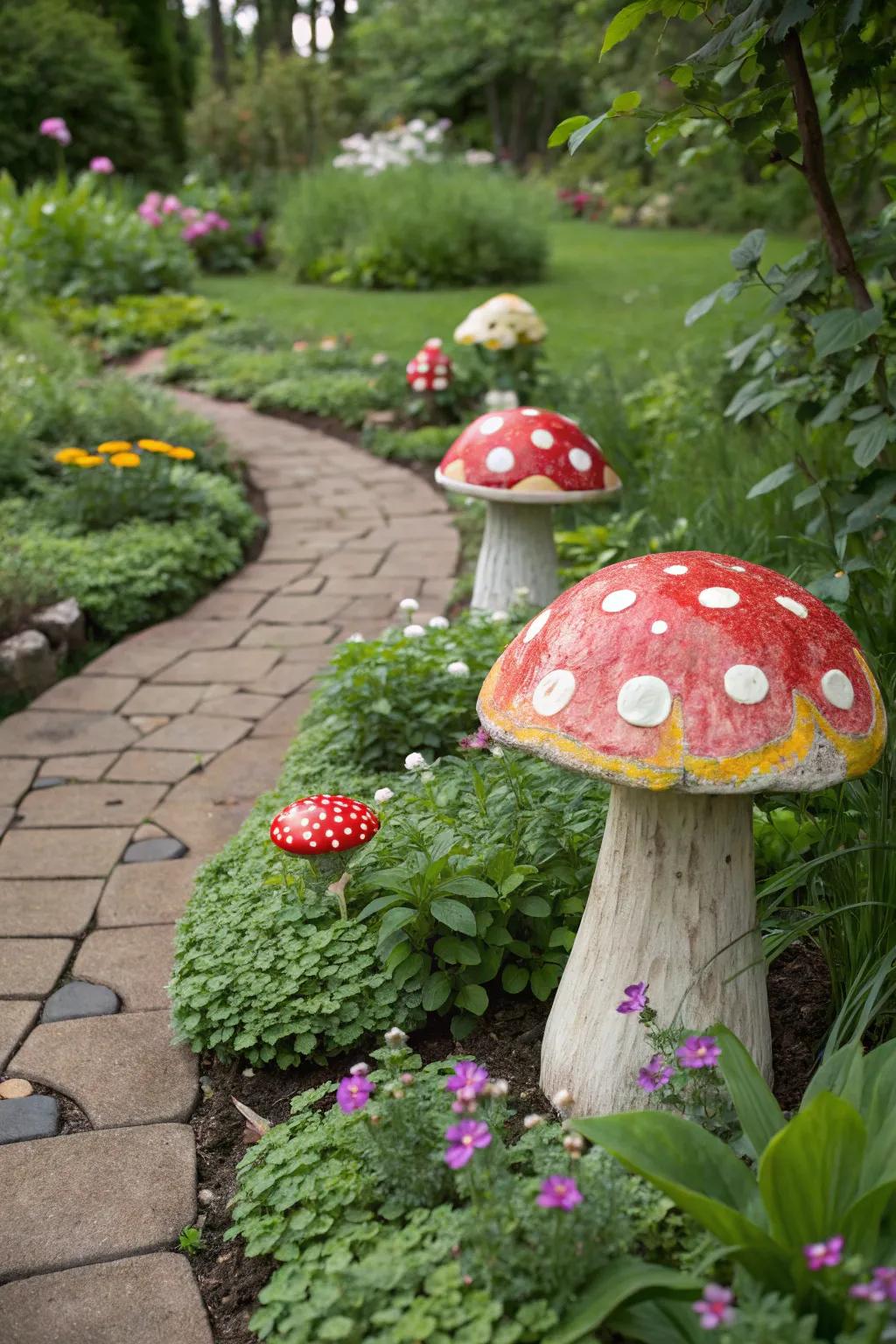 Whimsical mushroom decor adds a playful touch to the garden.