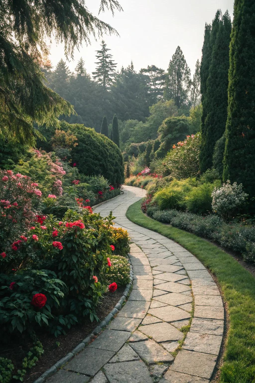 A winding stone path invites exploration in the garden.