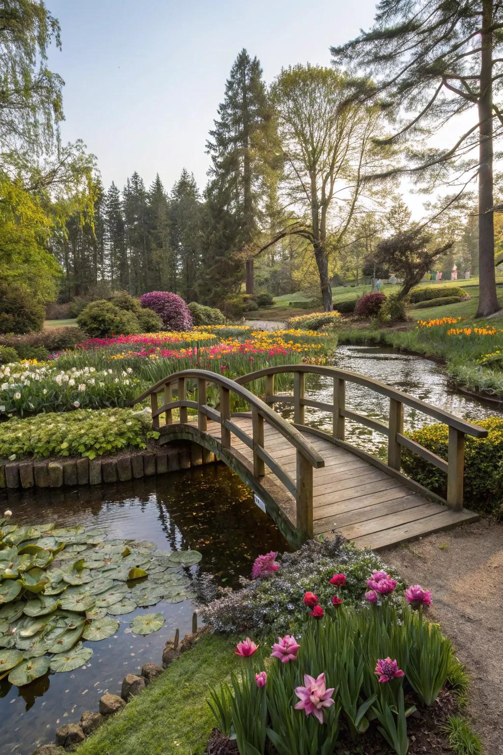 A charming wooden bridge enhancing the garden's fairytale charm.