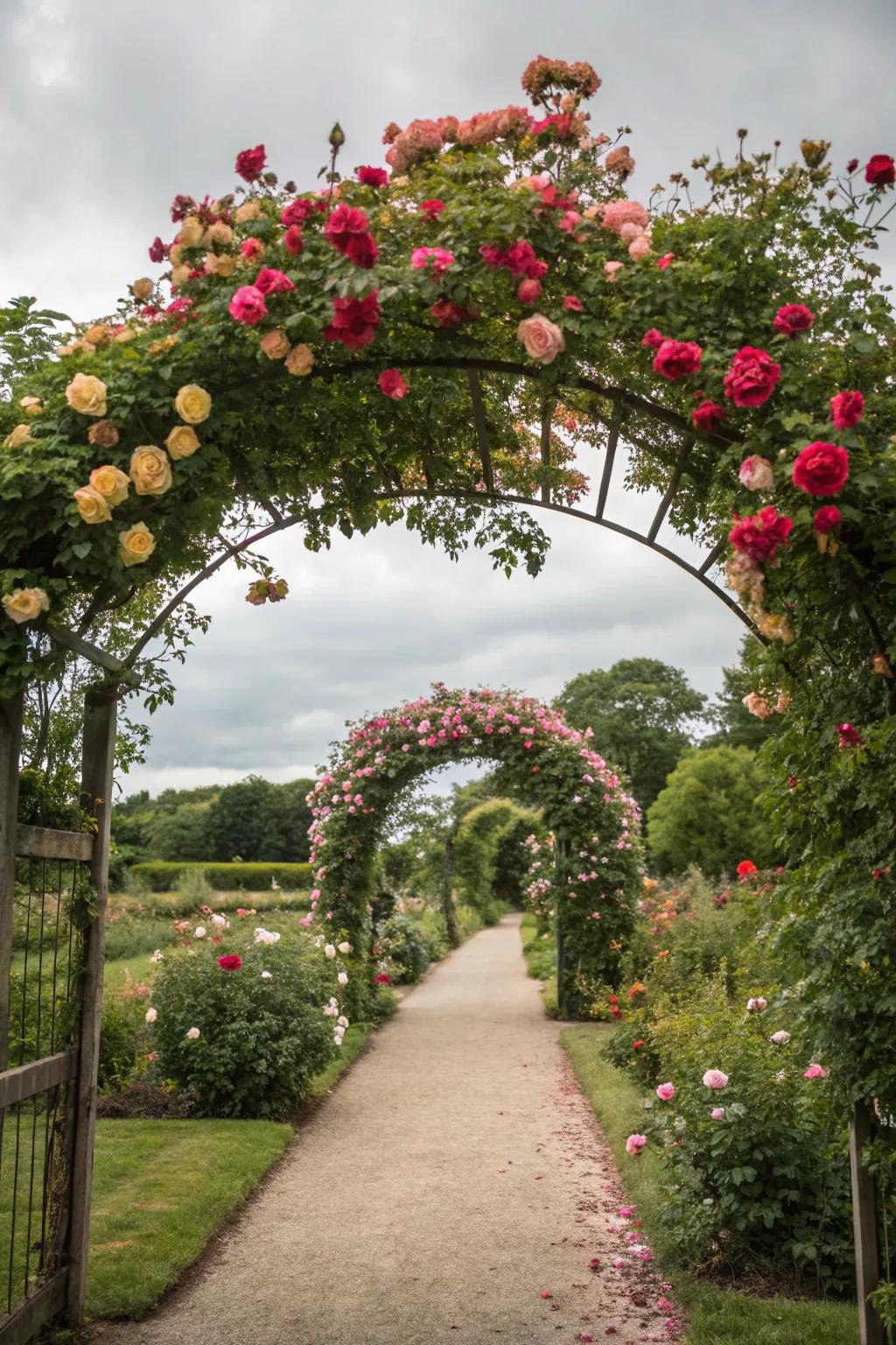 A charming garden archway adorned with blooming roses.
