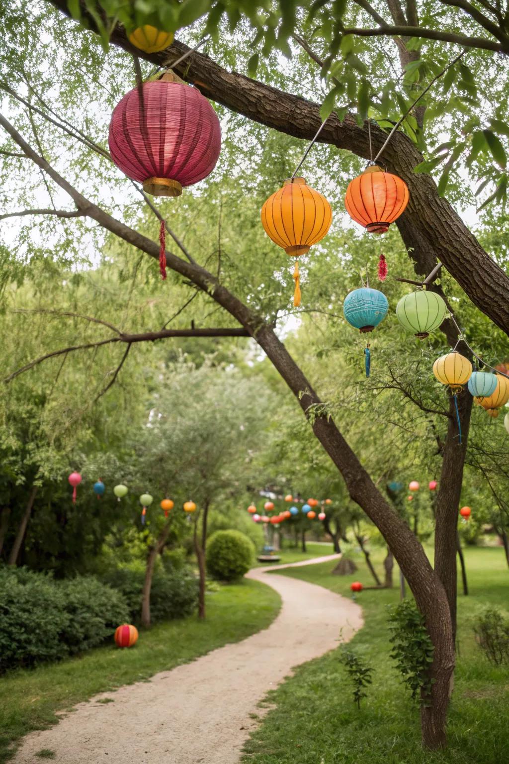 Colorful lanterns cast a magical glow over the garden.